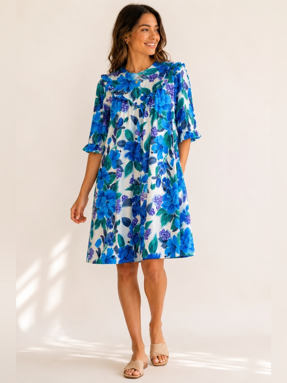 Vintage 60s Kamehameha Hawaiian Muumuu Dress Blue Floral Ruffle Neck L